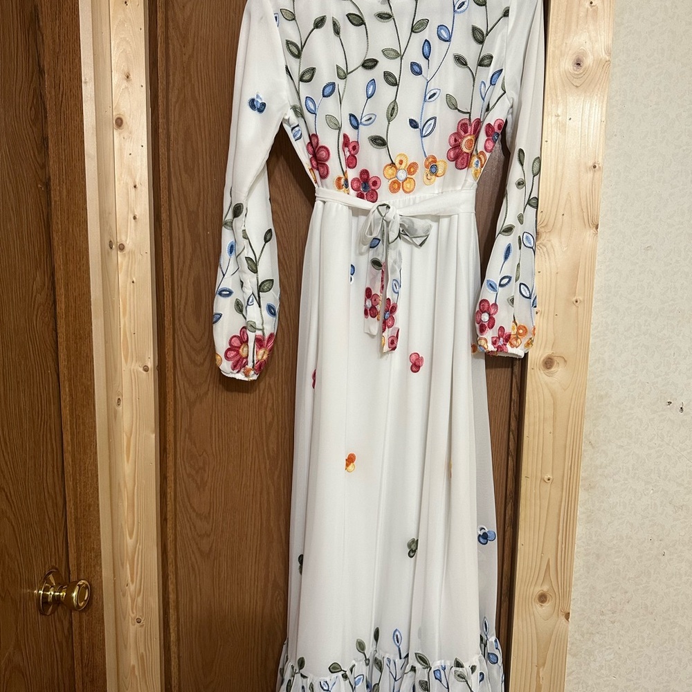 White Maxi Dress with Multicolor Floral Embroidery